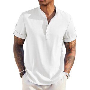 Men's Casual Henley Short Sleeve Band Collar Linen Summer Beach Hippie T-Shirts